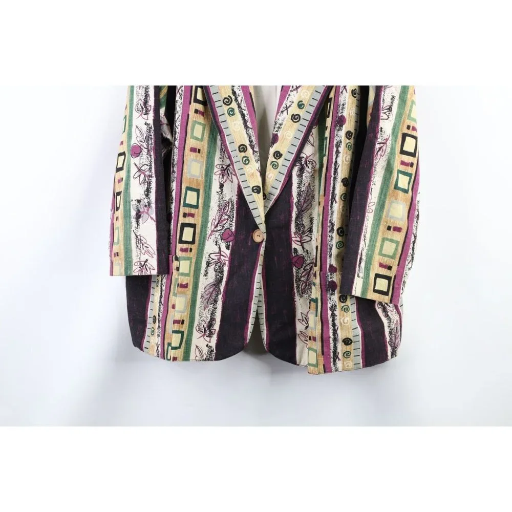 Vintage 90s Lagenlook 2XL Flax Linen Blend Abstract Button Blazer Jacket USA - Picture 3 of 9